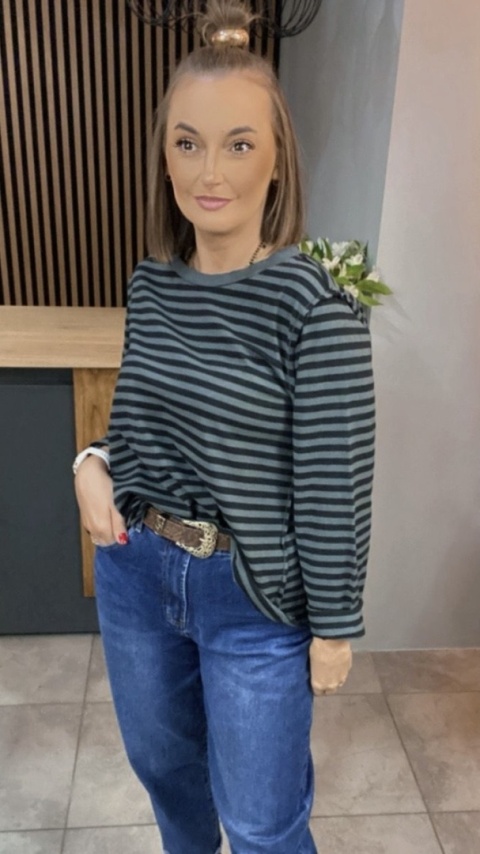 Bluzka Wendykei w paski szyta wierzchem - Grafitowo-czarna