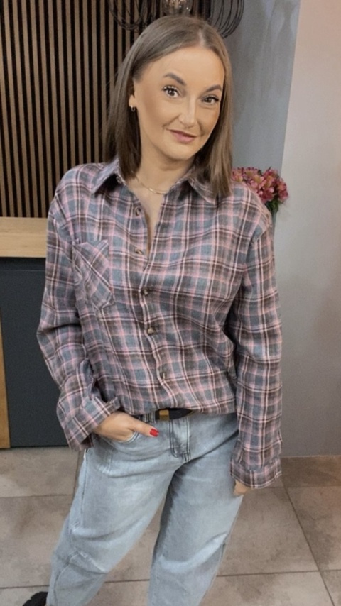 Koszula w kratę szaro-różową