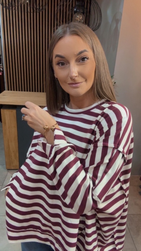 Bluzka w paski - oversize - biało-bordowa