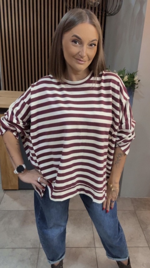 Bluzka w paski - oversize - biało-bordowa