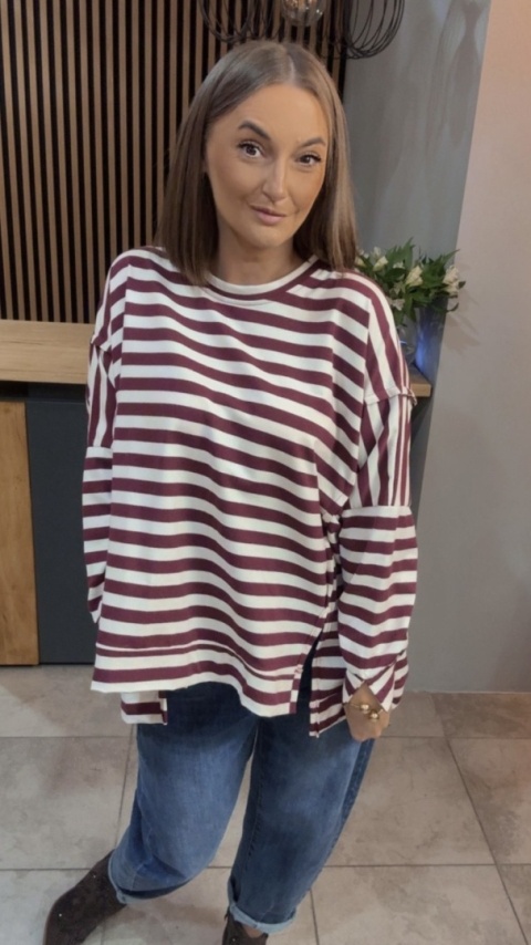 Bluzka w paski - oversize - biało-bordowa