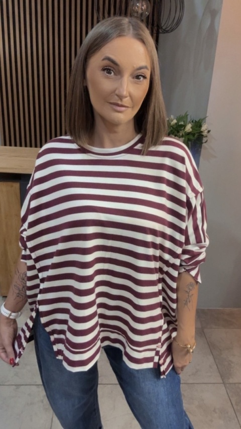 Bluzka w paski - oversize - biało-bordowa
