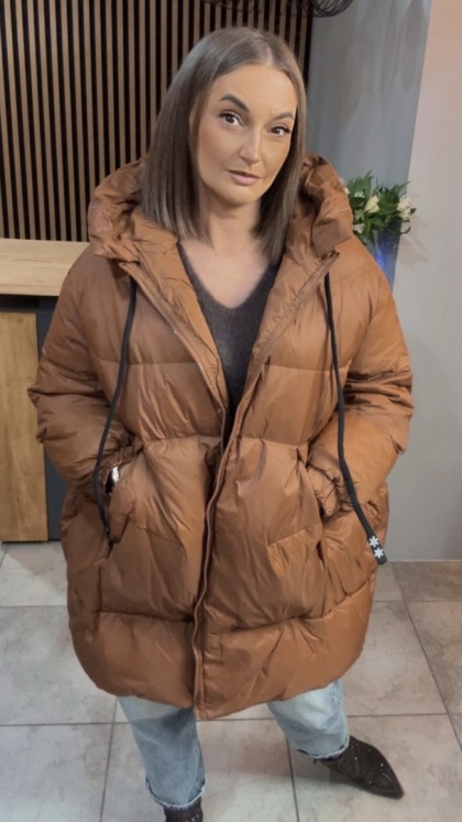 Kurtka Oversize z Naturalnym Puchem - Karmel