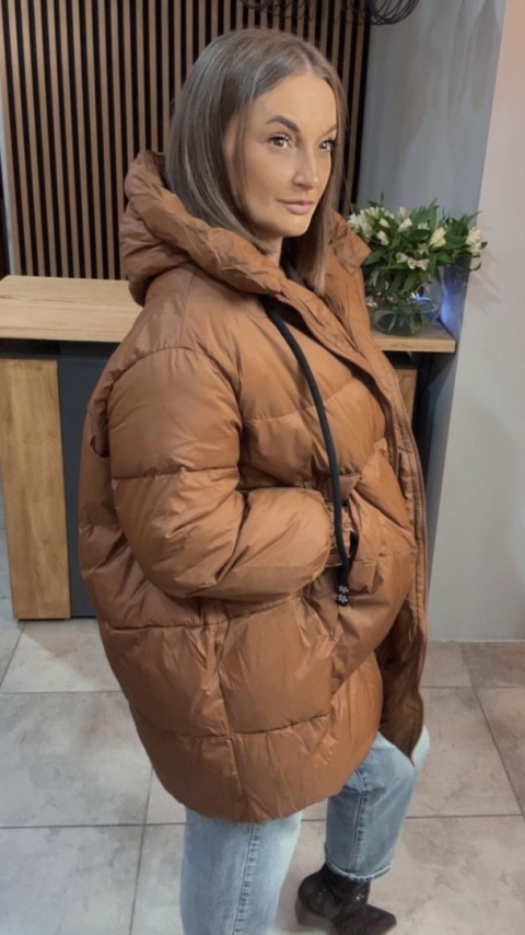 Kurtka Oversize z Naturalnym Puchem - Karmel