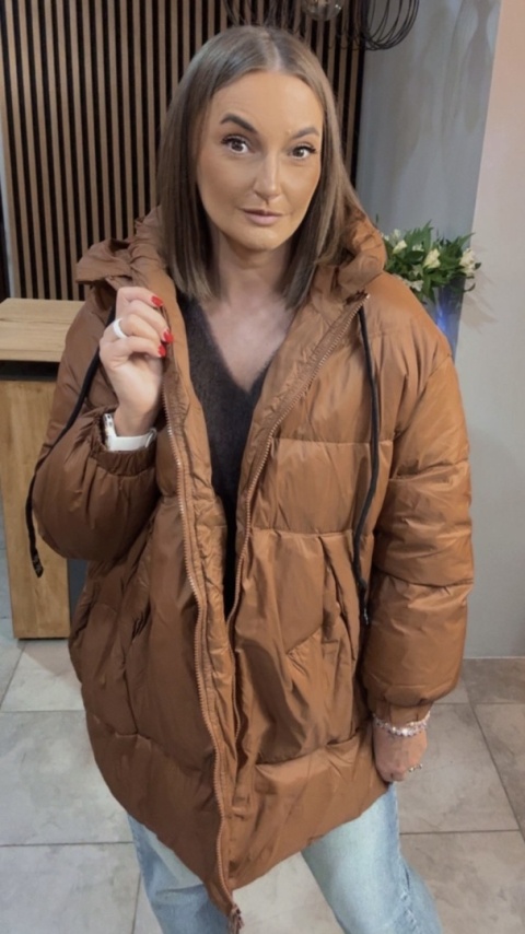 Kurtka Oversize z Naturalnym Puchem - Karmel