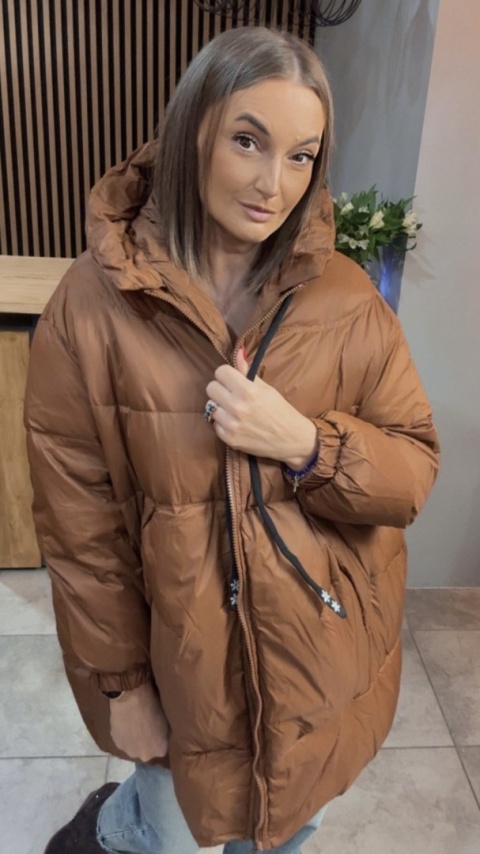 Kurtka Oversize z Naturalnym Puchem - Karmel