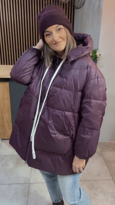 Kurtka Oversize z Naturalnym Puchem - Śliwka