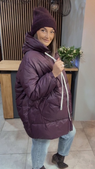 Kurtka Oversize z Naturalnym Puchem - Śliwka