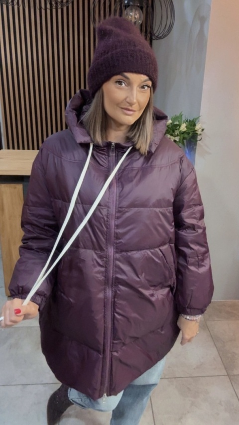 Kurtka Oversize z Naturalnym Puchem - Śliwka