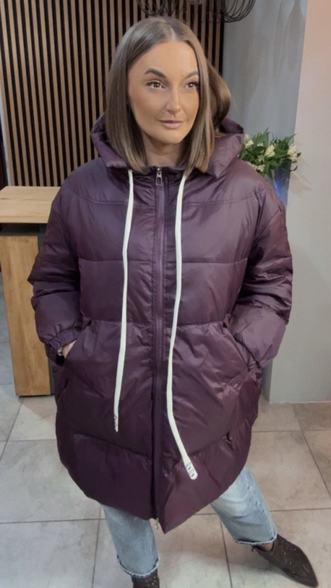 Kurtka Oversize z Naturalnym Puchem - Śliwka