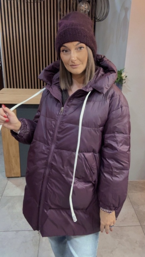 Kurtka Oversize z Naturalnym Puchem - Śliwka