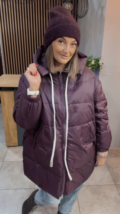 Kurtka Oversize z Naturalnym Puchem - Śliwka