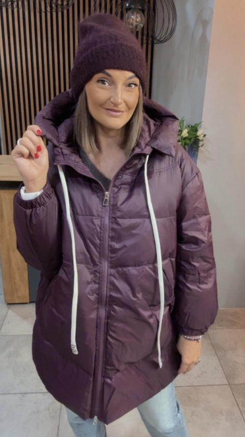 Kurtka Oversize z Naturalnym Puchem - Śliwka