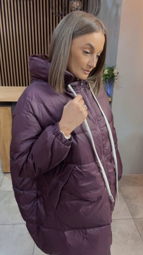 Kurtka Oversize z Naturalnym Puchem - Śliwka