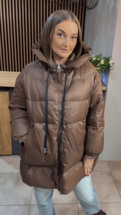 Kurtka Oversize z Naturalnym Puchem - Czekolada