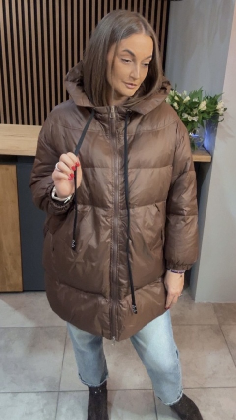 Kurtka Oversize z Naturalnym Puchem - Czekolada