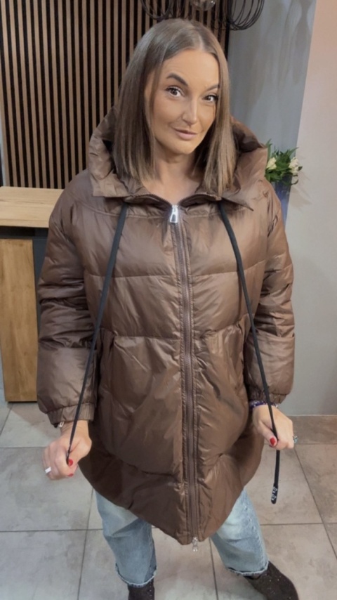 Kurtka Oversize z Naturalnym Puchem - Czekolada