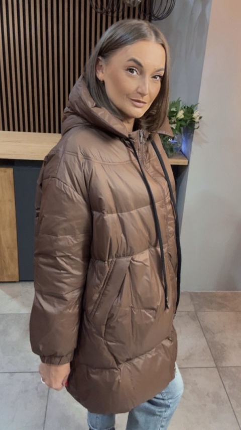Kurtka Oversize z Naturalnym Puchem - Czekolada