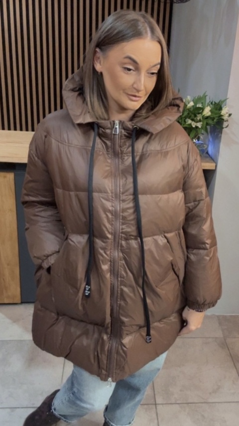 Kurtka Oversize z Naturalnym Puchem - Czekolada