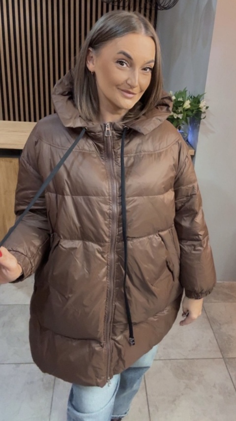 Kurtka Oversize z Naturalnym Puchem - Czekolada