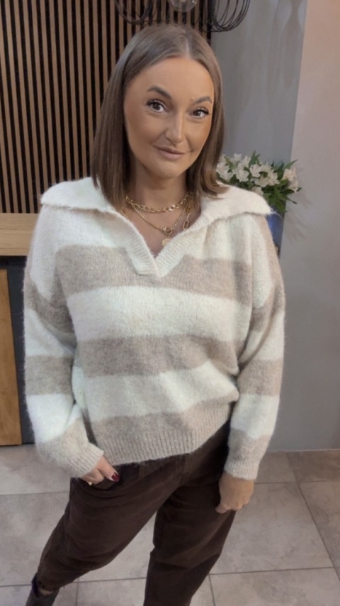 Sweter w paski z kołnierzykiem - Beżowy