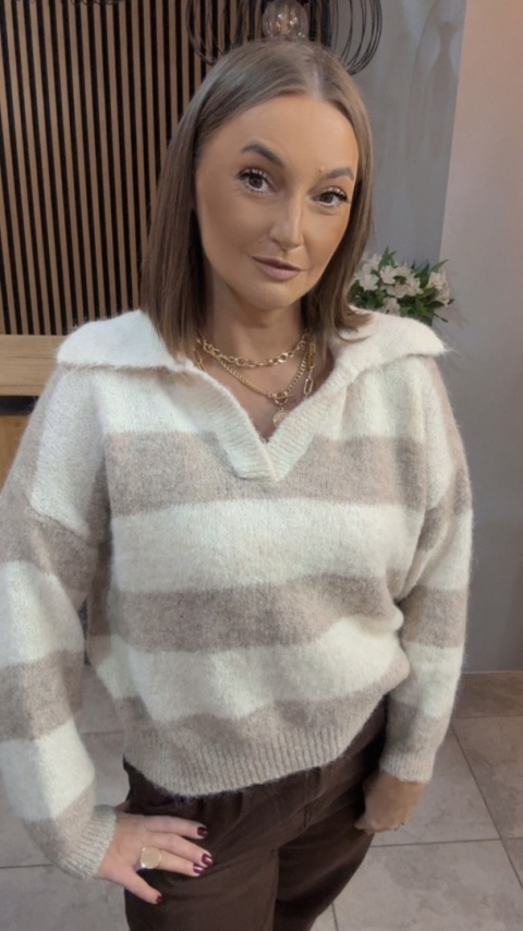 Sweter w paski z kołnierzykiem - Beżowy