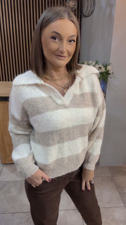 Sweter w paski z kołnierzykiem - Beżowy