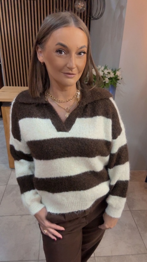 Sweter w paski z kołnierzykiem - Brązowy