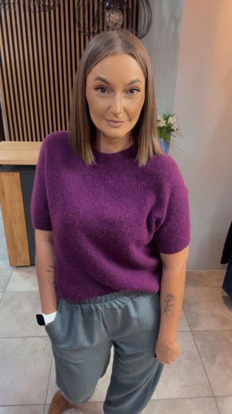 Sweter z krótkim rękawem z baby alpaki - Śliwka