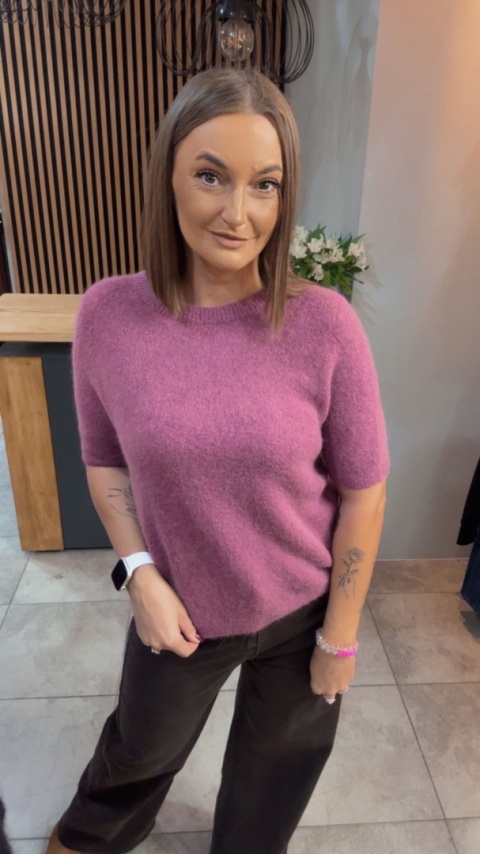 Sweter z krótkim rękawem z baby alpaki - Różowy