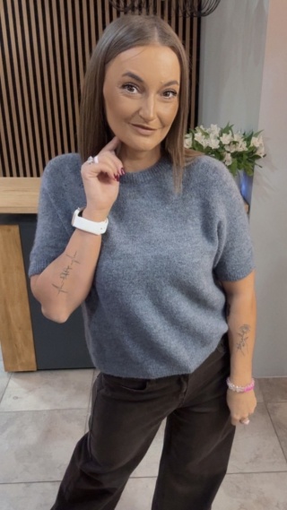 Sweter z krótkim rękawem z baby alpaki - Grafit