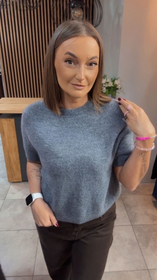 Sweter z krótkim rękawem z baby alpaki - Grafit