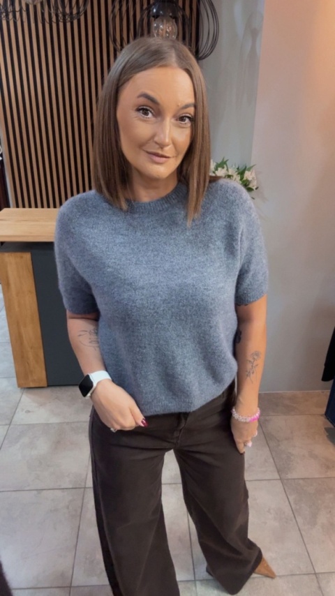 Sweter z krótkim rękawem z baby alpaki - Grafit