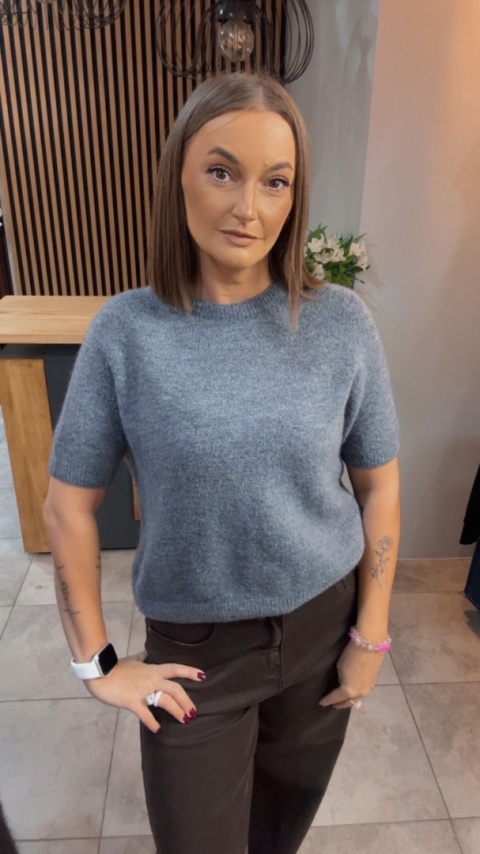 Sweter z krótkim rękawem z baby alpaki - Grafit