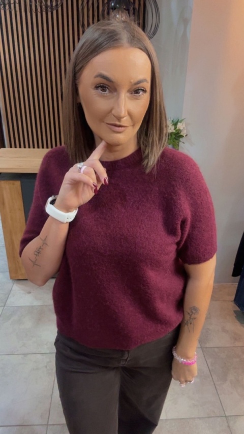 Sweter z krótkim rękawem z baby alpaki - Burgund