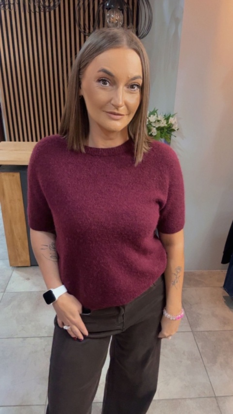 Sweter z krótkim rękawem z baby alpaki - Burgund