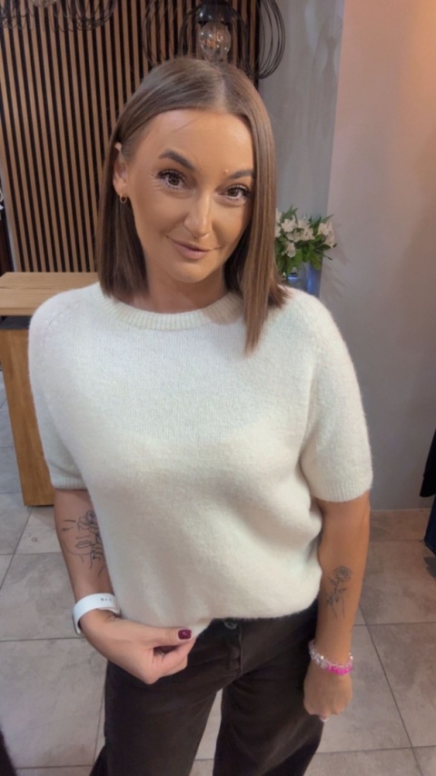 Sweter z krótkim rękawem z baby alpaki - Śmietanka