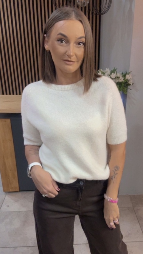 Sweter z krótkim rękawem z baby alpaki - Śmietanka