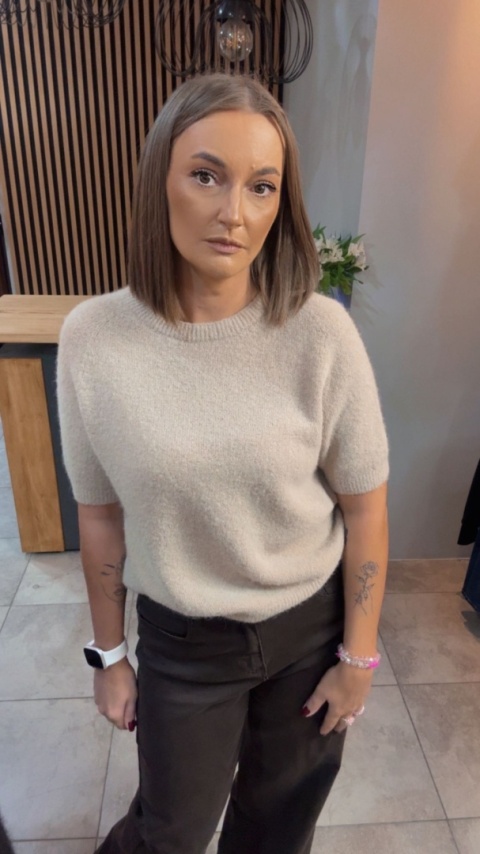 Sweter z krótkim rękawem z baby alpaki – Beżowy