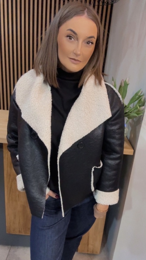 Kurtka z kożuchem - ekoskóra, czarna