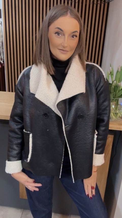 Kurtka z kożuchem - ekoskóra, czarna