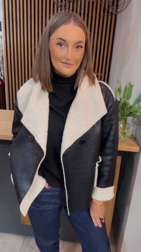 Kurtka z kożuchem - ekoskóra, czarna