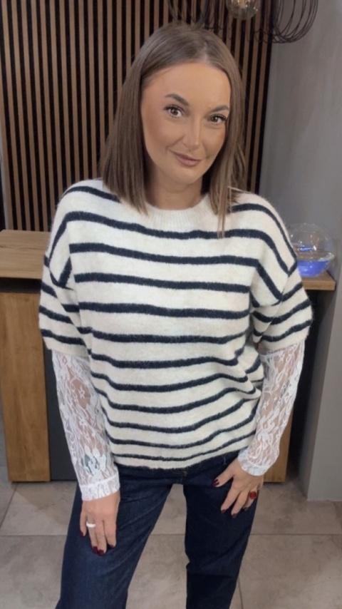 Sweter z koronkowymi rękawami – Granat