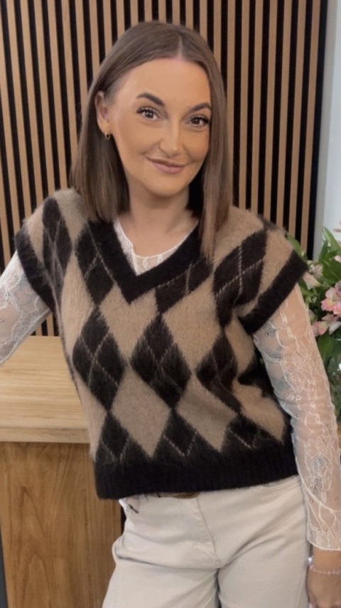 Kamizelka w romby Miss Lucky - beżowo-czarna