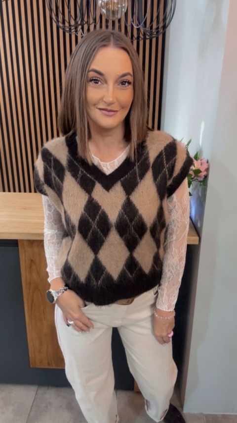 Kamizelka w romby Miss Lucky - beżowo-czarna