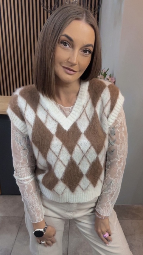 Kamizelka w romby Miss Lucky - biało-brązowa