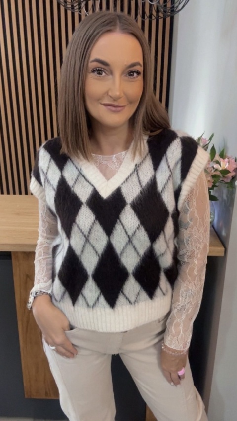 Kamizelka w romby Miss Lucky - biało–czarna