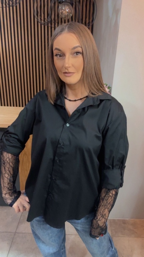 Koszula POSSE z koronkowymi rękawami - Czarna