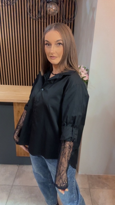 Koszula POSSE z koronkowymi rękawami - Czarna