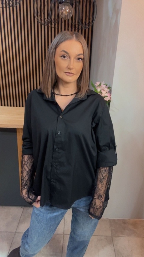 Koszula POSSE z koronkowymi rękawami - Czarna